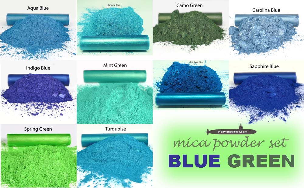 Blue - Green Mica Powder Set of 10 - net 1 Ounce (28 grams) Each